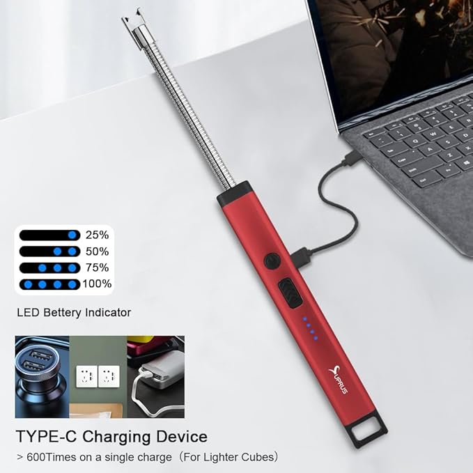 SUPRUS Rechargeable Candle Lighter Electric Arc Triple Safety Long Lighter Stainless Steel Shell & Hanging Hook (Red)