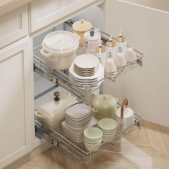 DINDON 2 Tier Pull Out Cabinet Organizer (17" W x 18" D) Heavy-Duty Metal Sliding Drawer Shelf, Two Tier Pull Out Shelves for Kitchen Cabinets, Pantry, Bathroom, Chrome Finish