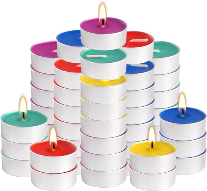 50 Pack Colorful Tealight Candles - 4-Hour Burn Unscented Smokeless Tea Lights for Home Decor, Rituals, Parties & Relaxation