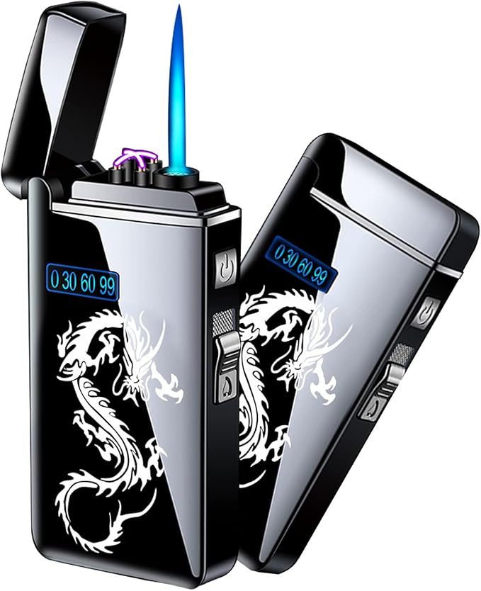 Electronic Lighter Jet Flame Torch Lighters 2 in 1, Refillable Butane Electric USB Rechargeable, Premium Windproof with LED Display Power Infinity for BBQs,Candle,Camping (Black Dragon)