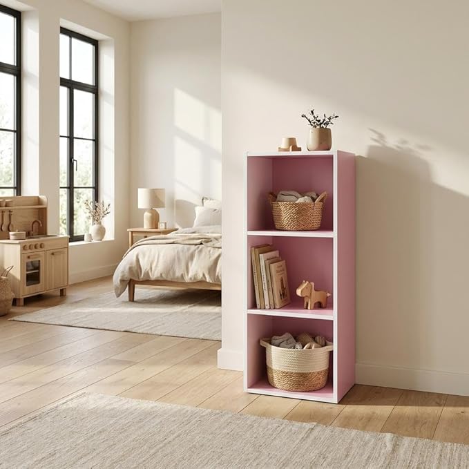 Furnifact White Pink 3-Tier Open Shelf Bookcase, Modern Design, Durable Construction, Space-Saving Storage, Suitable for Living Room or Office Display
