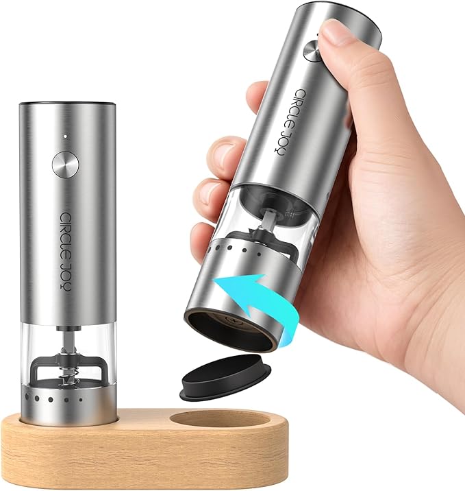 CIRCLE JOY Mini Rechargeable Salt and Pepper Grinder Set with Wooden Base, Dust Cover and External Adjustment, Stainless Steel Electric Pepper Mill Grinders for Kitchen, Outdoors and Travel, Silver
