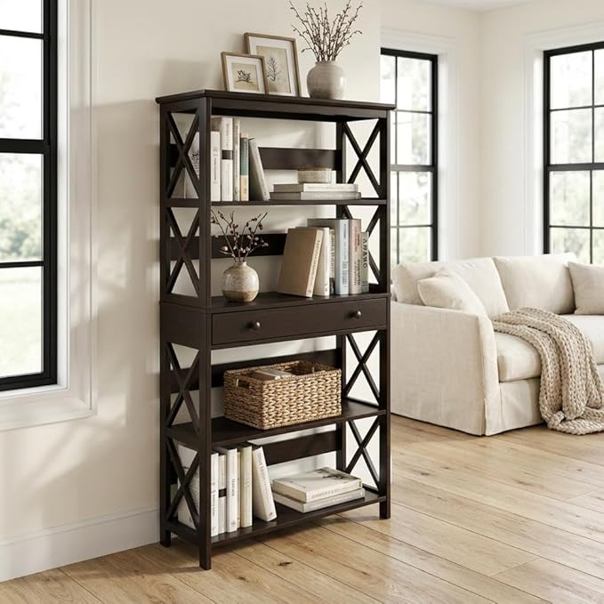 Furnifact Espresso 5-Tier Bookcase with Drawer, Durable Particle Board and Non-Lead Base Paint, Stylish Storage Solution for Home or Office, Modern Design