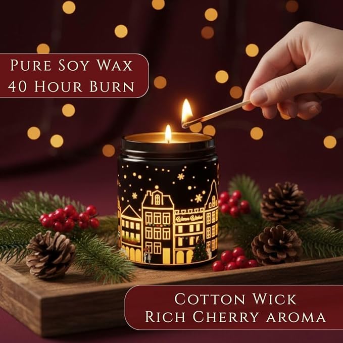 Black Cherry Scented Candle – Dual Light Glow Jar Candle (Real Flame + Heat Activated LED), Soy Wax Blend Aromatherapy Candle, 40-Hour Burn, Decorative Candle for Bedroom, Bathroom & Home Gift, 7oz