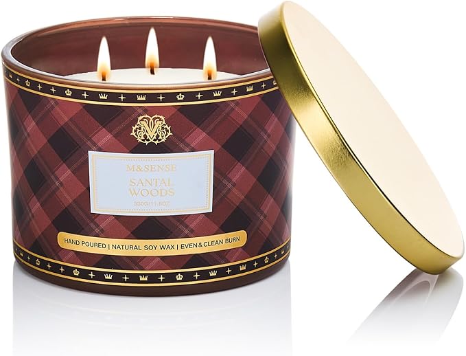 M&SENSE Plaid Pattern 3 Wick Soy Candles,11.64 oz Large Santal Woods Scent Candle for Relaxation, Gifting, Home Décor | for Bedroom, Office, Party
