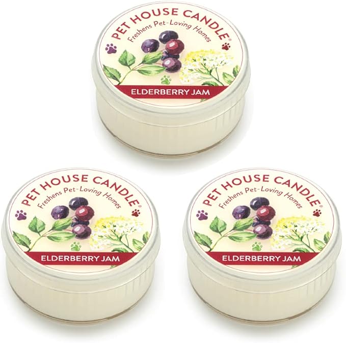 Pet House Mini Candles for Pet Odor Made with Natural Soy Wax, Plant Based, Dog and Cat Friendly Scented Candles, Elderberry Jam Pack of 3