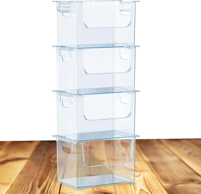 TidyFriend Stackable Storage Bins for Pantry - 4 Pack Stackable Bins for Organizing Food, Kitchen, and Bathroom Essentials (Clear)