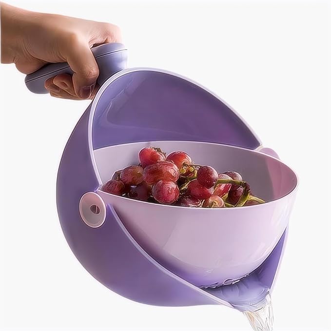 2-1 Kitchen Colander Rotating Washing Basket with Handle -home & kitchen Food Strainers and Colanders-Pasta Strainer-fruit and vegetable washing bowl-kitchen must haves (Lilac Purple)