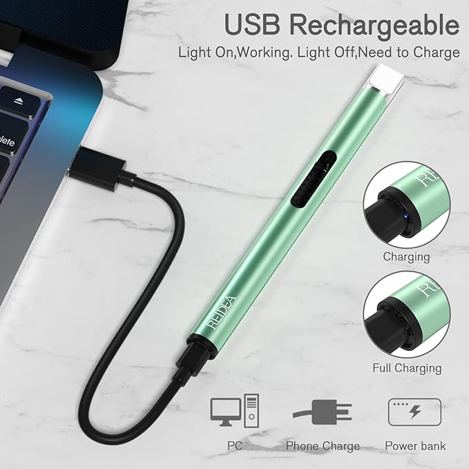 REIDEA Lighter S4 Electronic Candle Lighter USB Rechargeable with Security Lock, Windproof Fast Heat Sinking, Non-Slip Switch for Candle, Grill, Camping (Mint Green)