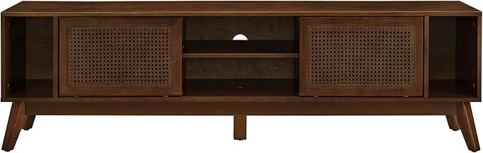 Amposei Mid Century Modern TV Stand Entertainment Center for 65/70/75 inch TVs, Sliding Rattan Door Wooden Console Storage Cabinet with Wood Legs for Living Room, Walnut