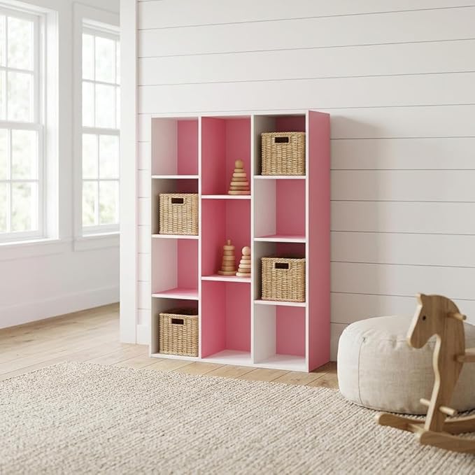 Furnifact White Pink 11-Cube Reversible Open Shelf Bookcase, Multi-Functional Storage Solution, Durable Wood Construction, Modern Design