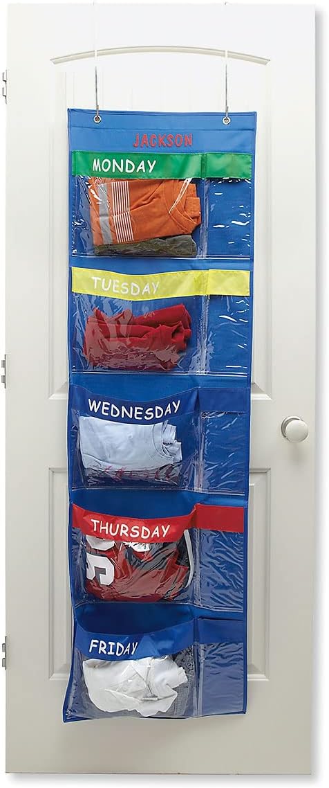 Lillian Vernon Primary Colors Days Of The Week Hanging Clothing Organizer–Personalize With Name, Weekly Monday-Friday Over Door Weekday Kids Clothes Storage System, Sturdy Primary Poly, 19-1/2" x 62"