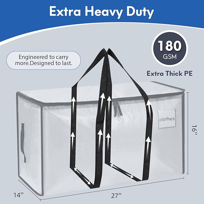 2-Pack Extra-Large Heavy-Duty Storage Totes with Reinforced Handles, Durable Zippers & Waterproof Material — Perfect for Space-Saving, Moving, Shipping and Travel (Clear)