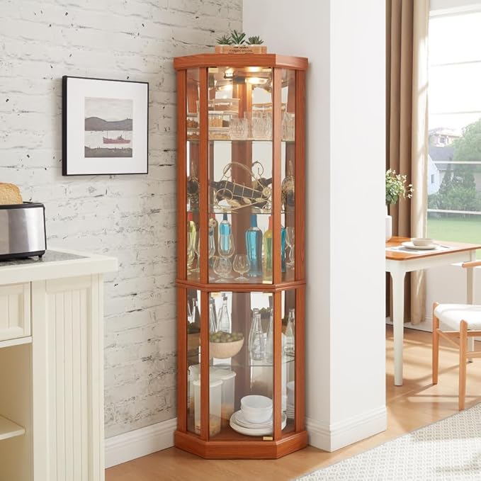 Corner Lighted Glass Curio Cabinet for Living Room Space Saving Vertical Tall Display Case with Light for Antique Wine Bar Glass Storage (Dark Oak)