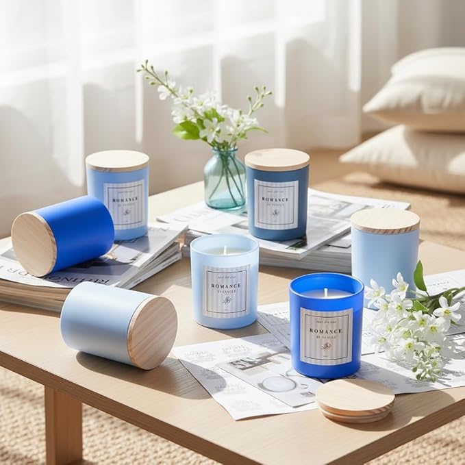 REISEN 12Pcs Assorted Blue Candle Jars, 10oz Glass Candle Containers for DIY Gifts and Storage, Frosted Blue Glass Jars with Bamboo Lids and Labels