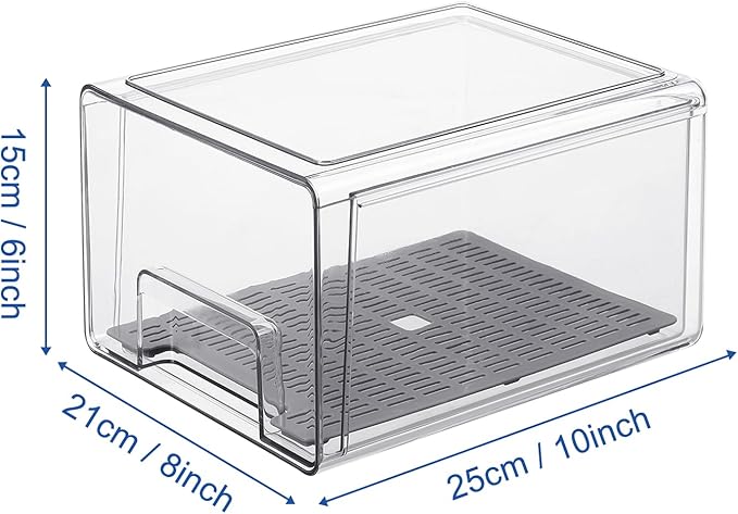 Pull Out Clear Fridge Organizer Drawers with Drainer, Refrigerator Stackable Storage Bins for Kitchen Fruit & Veggie Organization (2PCS, Large)