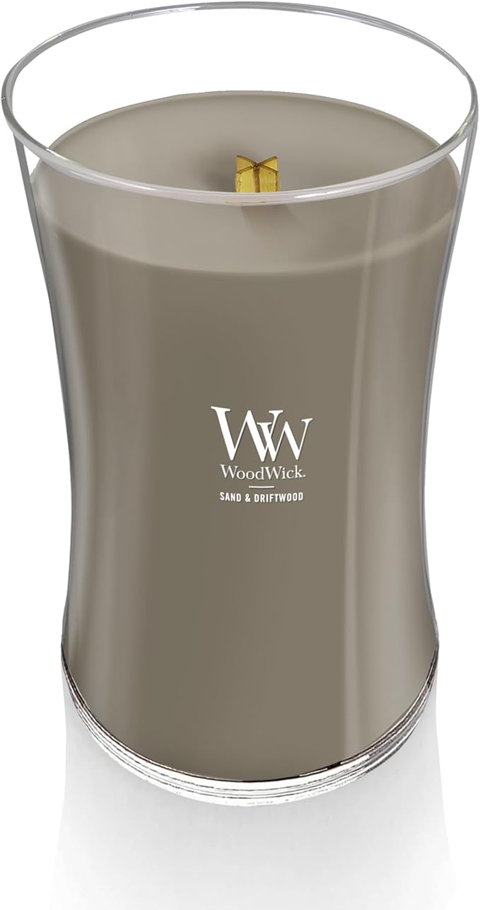 WoodWick Sand & Driftwood Gifts for Women and Men, 21.5 oz Large Hourglass Candle with Crackling Wick