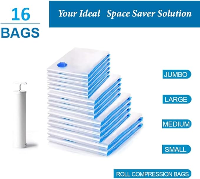 12 Pack Vacuum Storage Bags, Space Saver Vacuum Storage Bags, Vacuum Seal Bags for Clothing, Clothes, Comforters and Blankets, Hand Pump Included