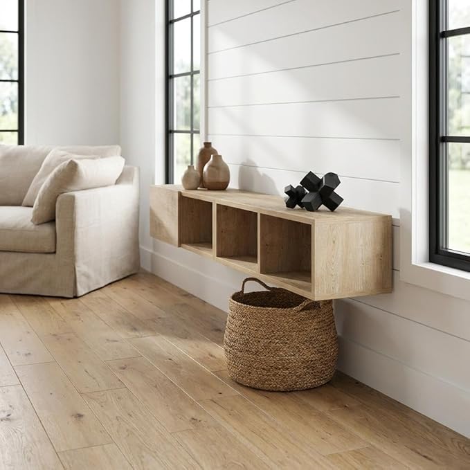 Furnifact Oak Floating Wall Mounted TV Stand for 75 Inch Televisions, Engineered Wood Construction, Modern Design, Concealed Storage, Wall-Mountable Style