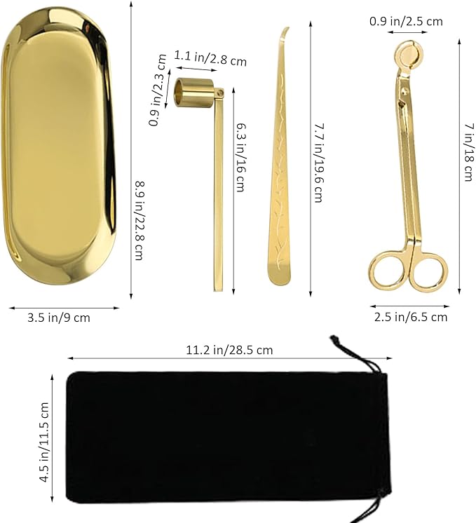 MrMrKura 4 in 1 Candle Accessory Set, Candle Snuffer, Candle Wick Cutter, Candle Dipper, Storage Tray Plate, Candle Care Kit with Velvet Pouch for Candle Lover (Gold)