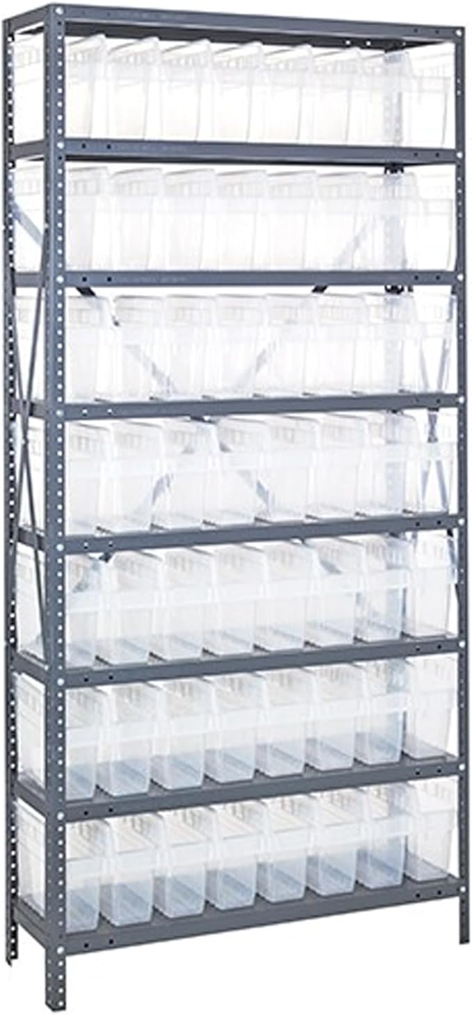 Quantum Storage Systems 1275-SB801CL Solid Heavy Duty 8 Shelves 56 STORE-MAX Clear Bins 75" H x 36" W x 12" D
