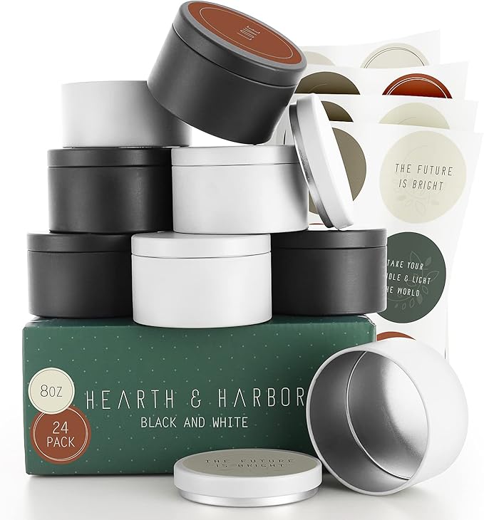 Hearth & Harbor Tin Candle Jars for Making Candles - DIY Candle Containers with Lids - Metal Candle Jars - Bulk Tins Storage for Candle - (24 Pieces) - (8 Ounces) - Solid Black and White