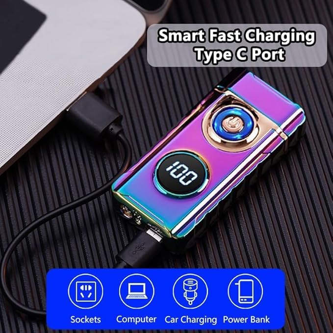 Electric Lighters Plasma Lighters Rechargeable with with LED LED Display and LED Emergency Lights Windproof USB Rechargeable Lighter Cool Lighte for Candle,Camping,Gift(Color)