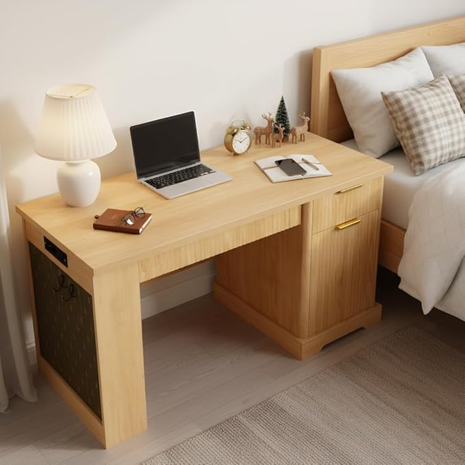 Executive L Shaped Desk with Storage Cabinet Drawers Built in Power Outlet Shelves for Home Office Gaming Study (Light Oak)