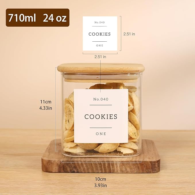 6 Pack Square Glass Pantry Storage Containers with 132 Kitchen Food Pantry Labels - 24 floz Clear Glass Pantry Jars with Airtight Wood Bamboo Lids - Glass Canisters for Sugar, Cereal, Coffee, Spice