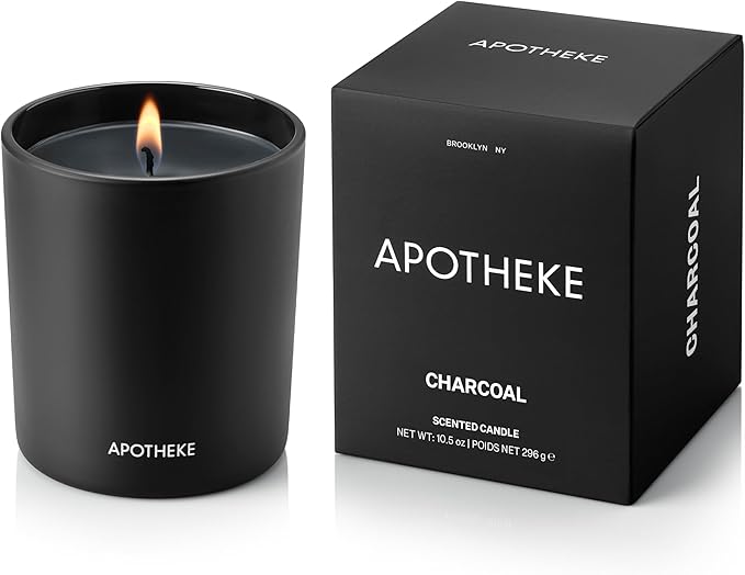 Apotheke Signature Scented Candles for Home, Charcoal - 10.5 oz - Soy Wax, Non Toxic, Large Jar - Luxury Black Candle Gifts for Women & Men - Cedarwood, Sandalwood, Oud, and Amber
