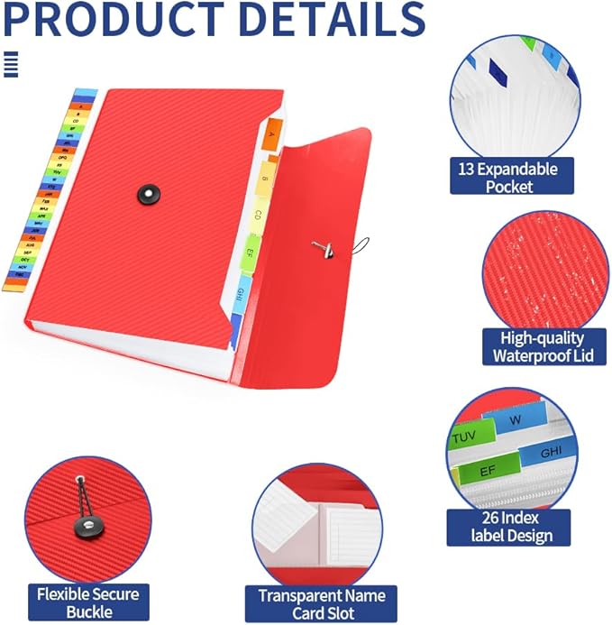 Expanding File Folder, 13 Pockets Accordian File Holder Organizer, A4 Letter Size Paper Document Receipt Organizer Accordion Filing Folder for Classroom, Home, Office and Travel, Red