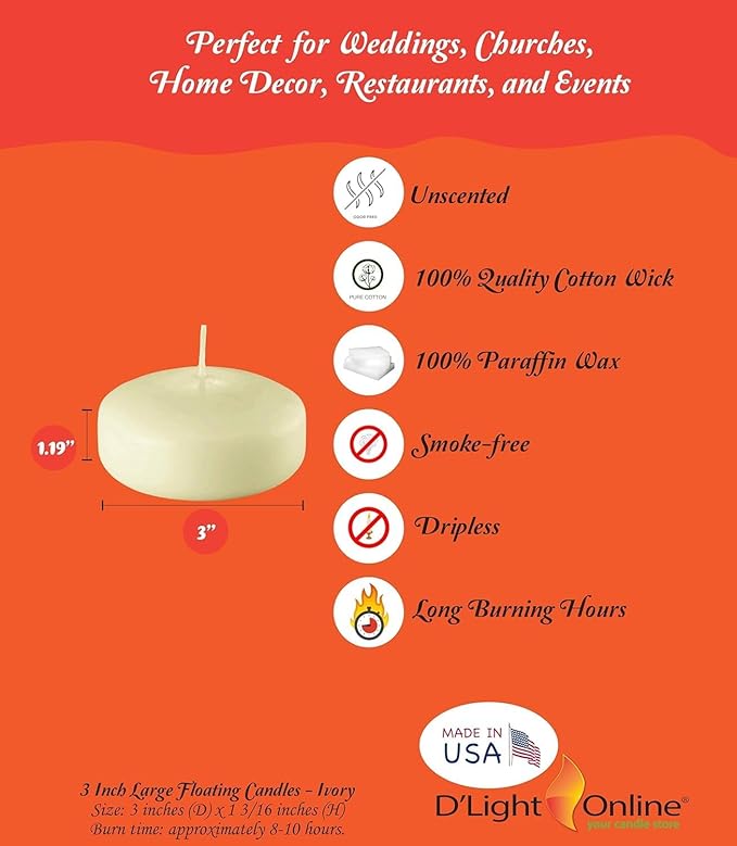 D'light Online Floating Candles Bulk Pack for Events, Weddings, Spa, Home Decor, Special Occasions and Holiday Decorations (Large - 3" (Set of 12), Ivory)