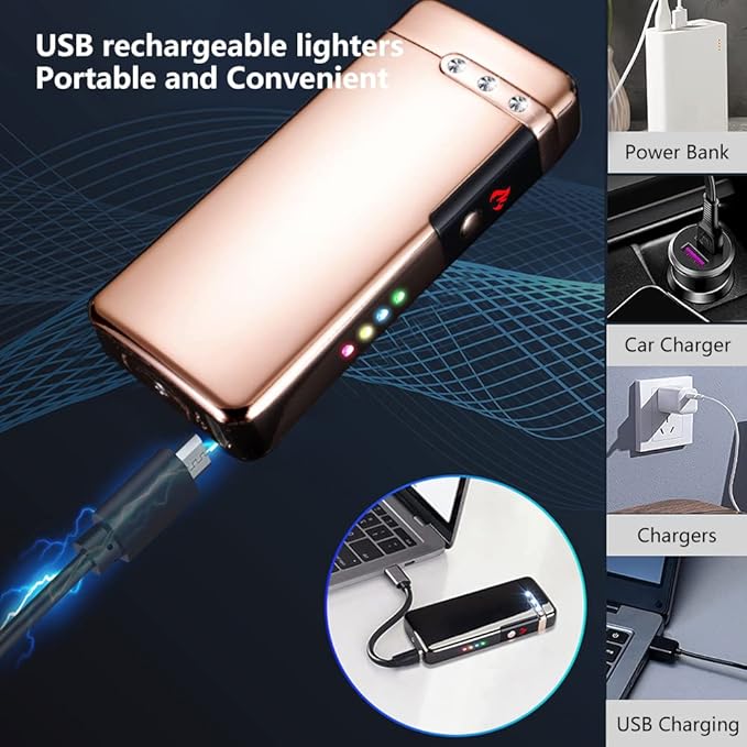 Electric Plasma Lighter RSBYE USB Rechargeable Lighter with LED Battery Indicator No Butane Windproof Lighters Ideal for Candles, BBQ, and Travel (Ice Gold)