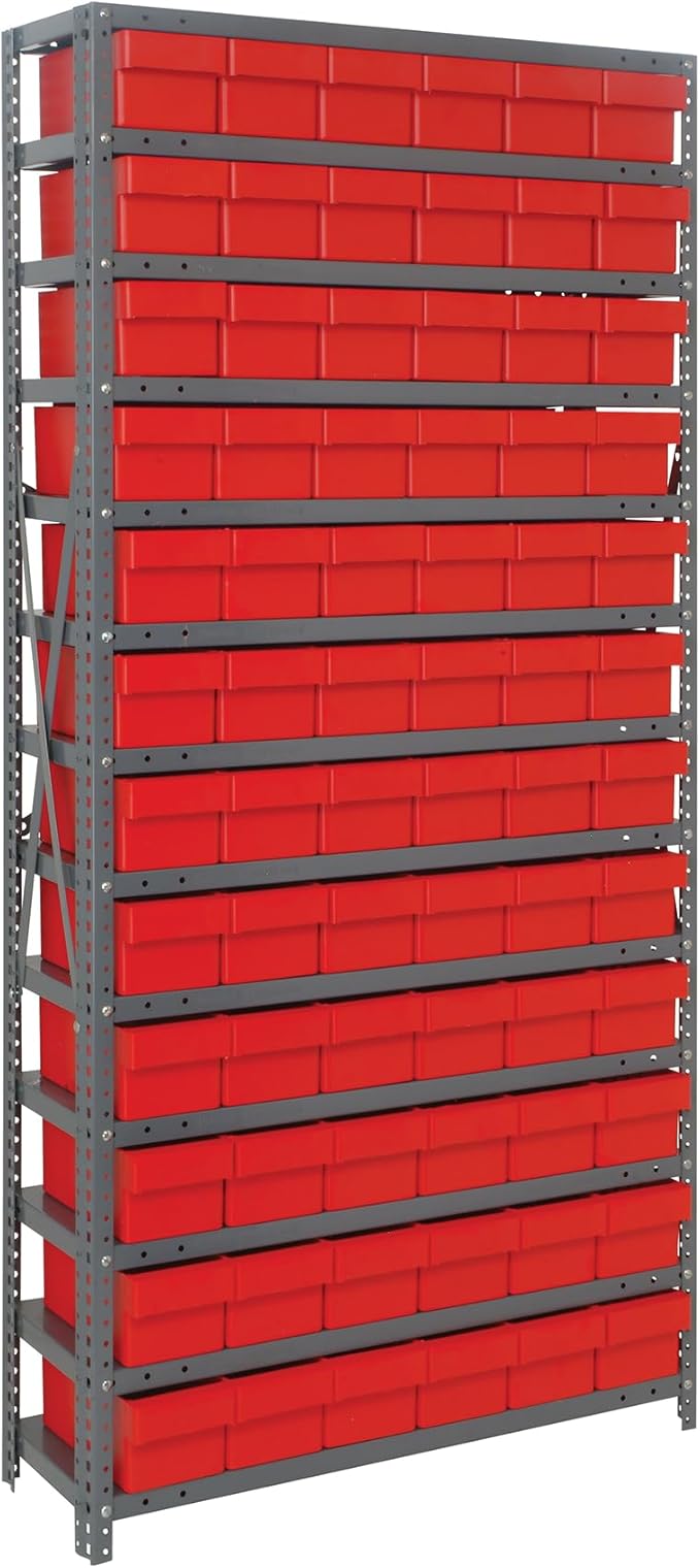 Quantum Storage Systems 2475-603RD Solid Heavy Duty 13 Shelves 72 Super Tuff Euro Red Bins 75" H x 36" W x 24" D