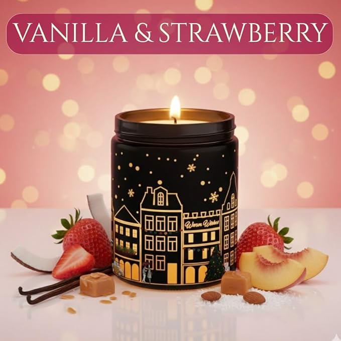 Vanilla & Strawberry Scented Candle – Dual Light Glow Jar Candle (Real Flame + Heat Activated LED), Soy Wax Blend Candle, 40-Hour Burn, Decorative Candle for Bedroom, Bathroom & Home Gift, 7oz
