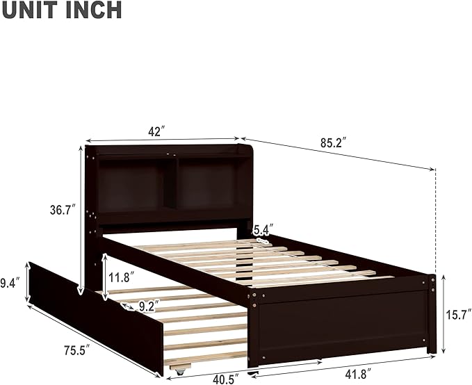 Harper & Bright Designs Twin Size Platform Bed with Bookcase Headboard and Trundle, Wooden Twin Platform Bed Frame with Bookself for Kids Girls Boys, Espresso