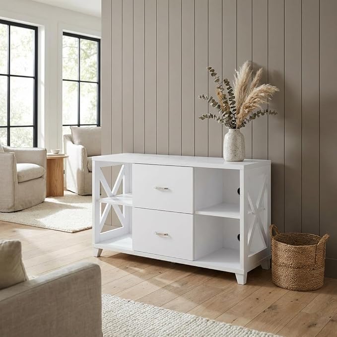 Furnifact White Deluxe 2 Drawer TV Stand, for 55-Inch TVs, Particle Board/MDF, Transitional Coastal Style, Stylish and Functional Design