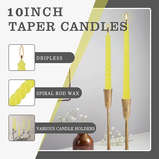 12-Piece Yellow Spiral Wax 10-inch Taper Candles -unscented smokeless, Tear-Free, Long-Lasting Burning Cotton Wick Suitable for Home,Party,Holiday Decorations