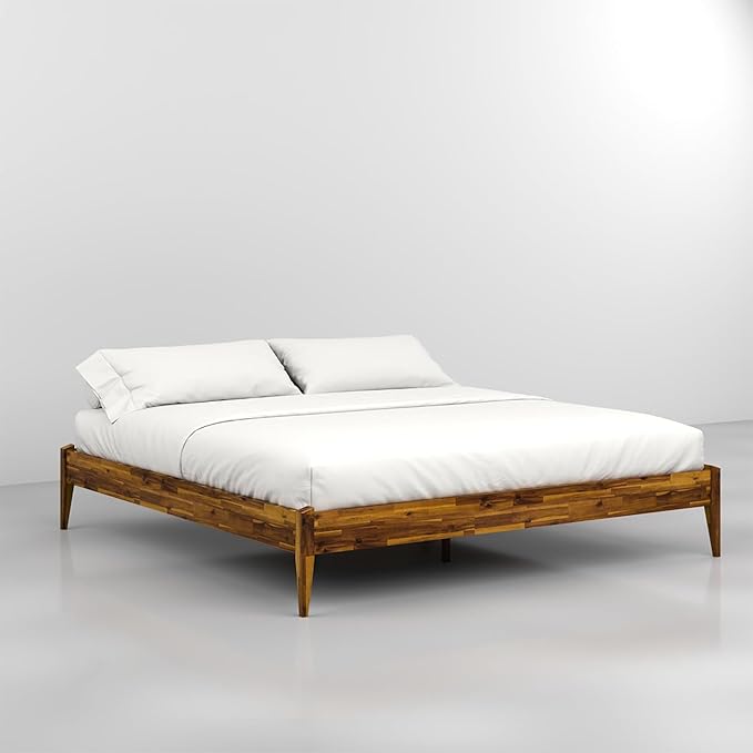 Bme Dinkee King Bed Frame Wood 15 Inch - Solid Wood Platform Bed Frame - Japanese Joinery Bed - Modern & Minimalist Style - Wood Slat Support - Easy Assembly - No Box Spring Needed - Caramel