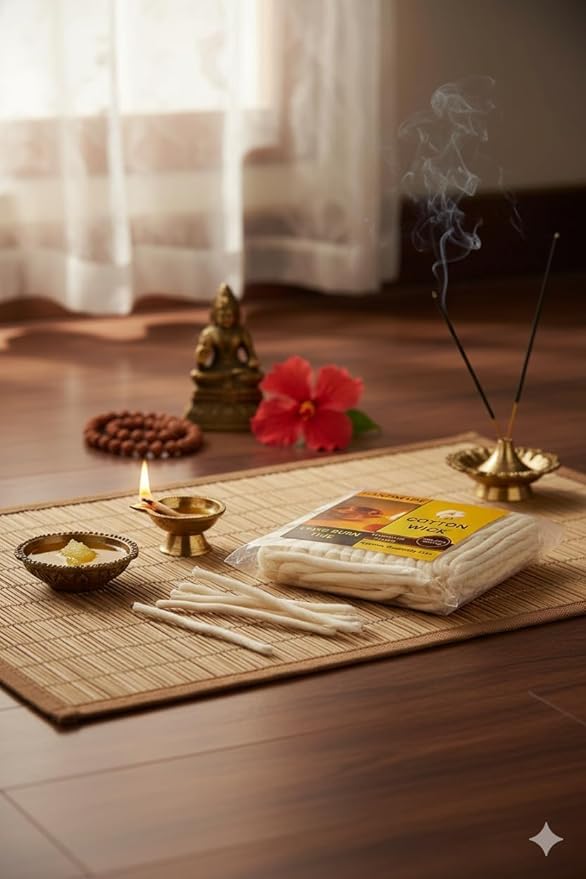 Cotton Wicks for Oil Lamps, Diya & Candles, 125 Pieces – 100% Natural Hand-Rolled Cotton, Smokeless Long-Burning Wick for Prayer, Meditation & Home Décor (Pack of 2)