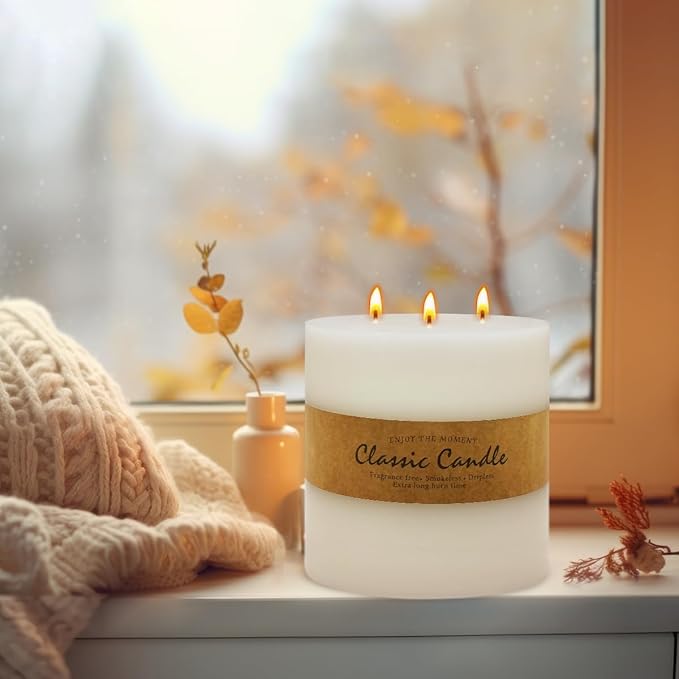 Large 3-Wick White Pillar Candle - 6x6 Inch Dripless & Smokeless Unscented Fat Candle, 120 Hour Long Burning Hand-Poured Thick Candle with Cotton Wicks