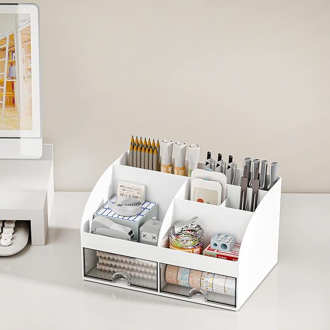 COMFYROOM Desk Organizer with 6 Compartments and 2 Drawers, Plastic Makeup Organizer, Pen Holder for Desktop Storage, Desk Organization for School, Home, Office Supplies (White)