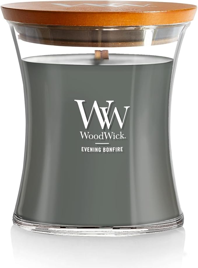 WoodWick Evening Bonfire Holiday Candle Gifts for Women and Men, 9.7 oz Medium Hourglass Candle with Crackling Wick