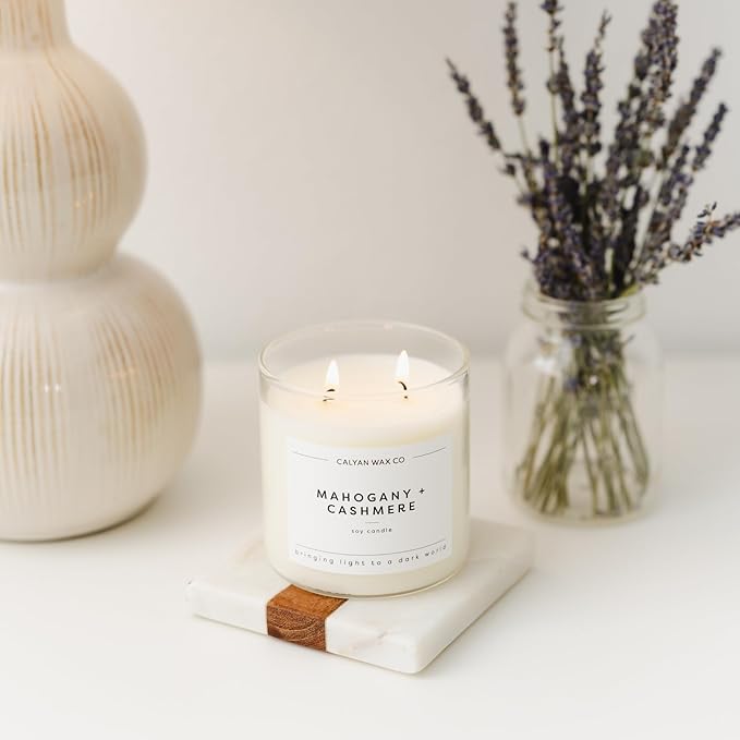 Calyan Wax Co. Mahogany & Cashmere 2 Wick Scented Candle - 37 Hour Burn - Luxury Non Toxic Soy Wax Candles - Long Lasting Large Glass Jar Candle for Home - 8.8oz
