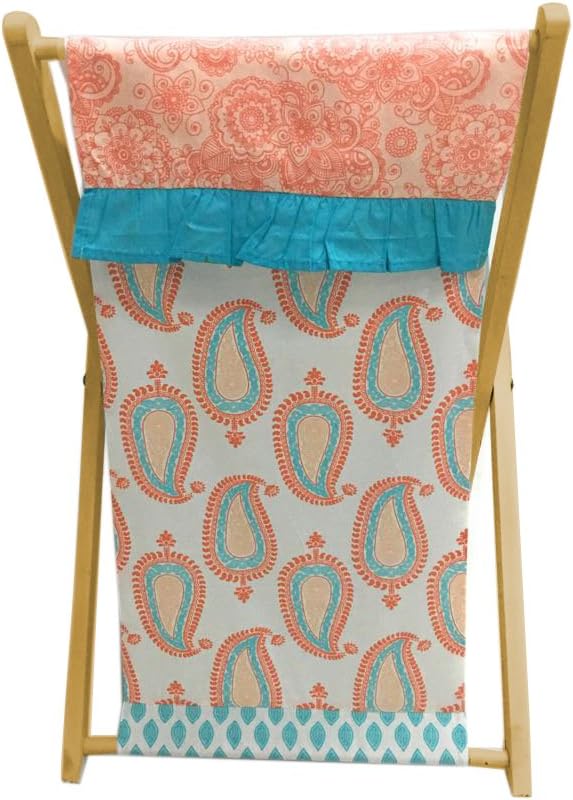 Bacati - Paisley Kids Storage (Laundary Hamper with Wooden Frame and Mesh Liner, Coral/Aqua)