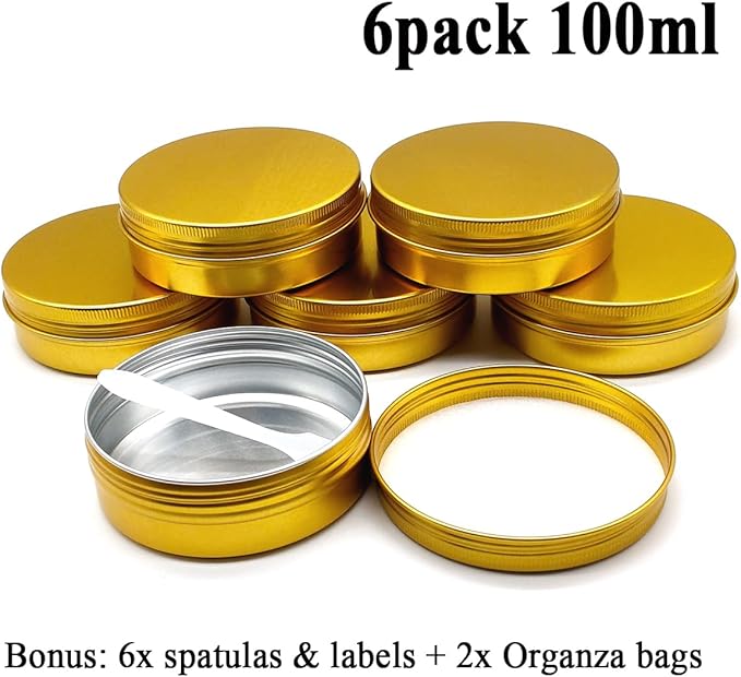 6pack 100ml Aluminum Tin Jars, 100 Gram Empty Travel Cosmetic Sample Container with Screw Cap Lid, 100g Gold Metal Tins Can for DIY Crafts, Lip Balms, Face Cream, Candle, Tea, Paint, Slime