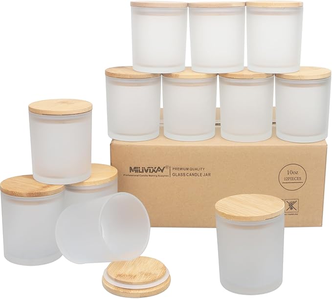 MILIVIXAY 12 Pack 10 OZ Frosted White Thick Glass Candle Jars with Lids - Bulk Empty Candle Jar for Making Candles - Spice, Powder Containers.