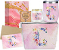Personalized Gifts Monogrammed Birthday Gifts for Women, Cowerker Bride Wife Sister Wedding Christmas Initial Wine Tumbler Makeup Bag Scented Candle Bracelet Set, (Aesthetic Pink Flower C)