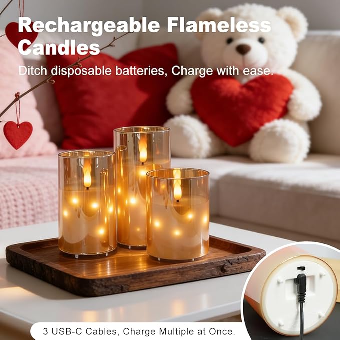 Rechargeable Glass LED Flameless Candles, Embedded Star String Flickering Flameless Candles for Romantic Ambiance and Home Decoration with Remote & Timer(Gold)