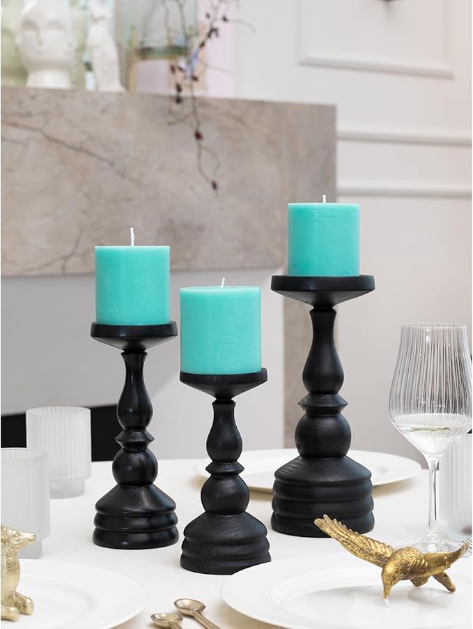 CANDWAX 3x3 Pillar Candles Set of 3 - Rustic Unscented No Drip Turquoise Candles for Home Decor, Weddings, Centerpieces